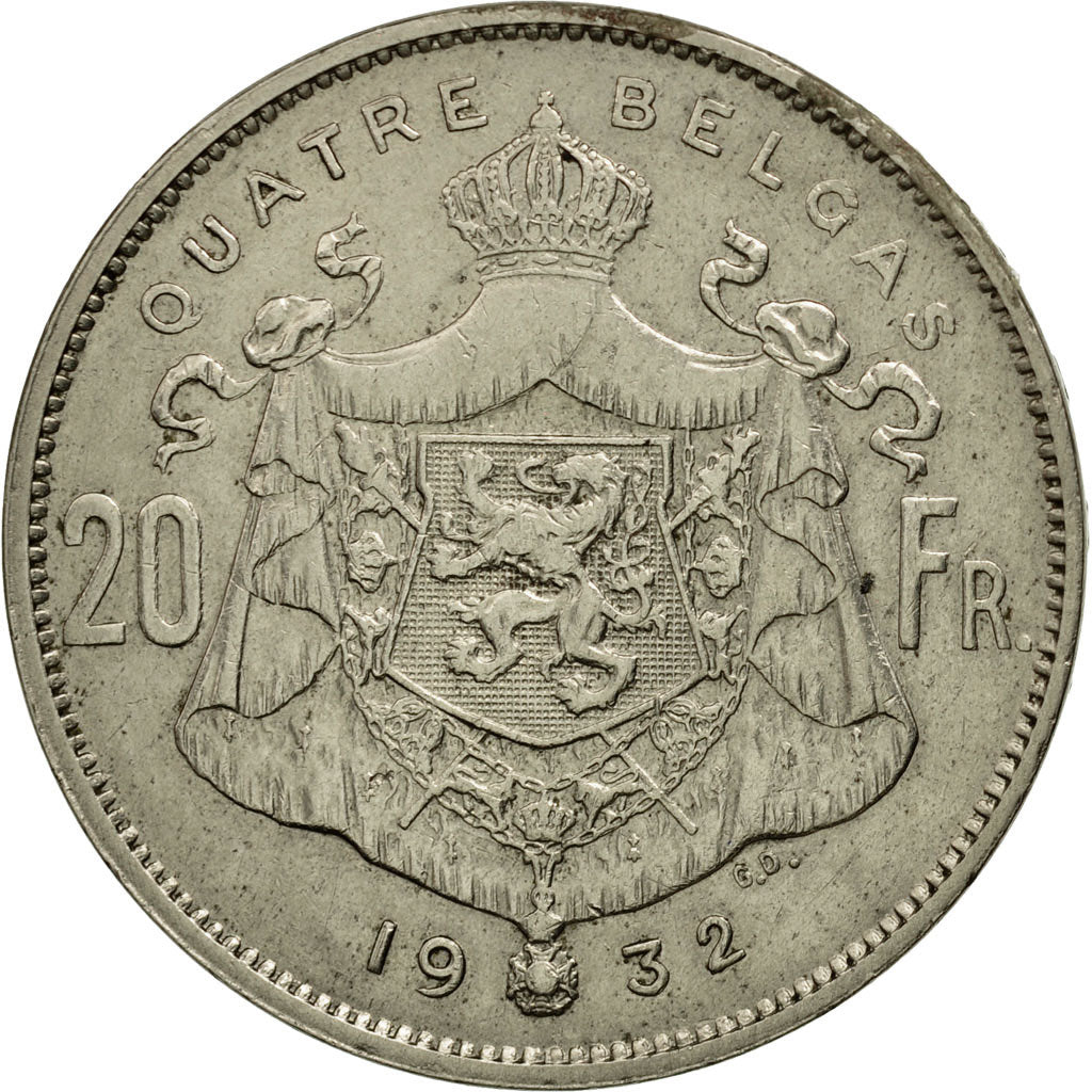Coin, Belgium, 20 Francs, 20 Frank, 1932, AU(50-53), Nickel, KM:101.1