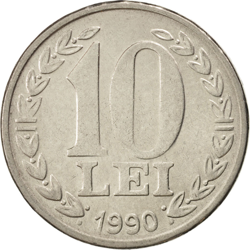 ROMANIA, 10 Lei, 1990, KM #108, AU(50-53), Nickel Clad Steel, 23.1, 4.65