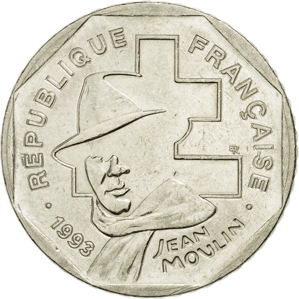 Coin, France, Jean Moulin, 2 Francs, 1993, MS(60-62), Nickel, KM:1062