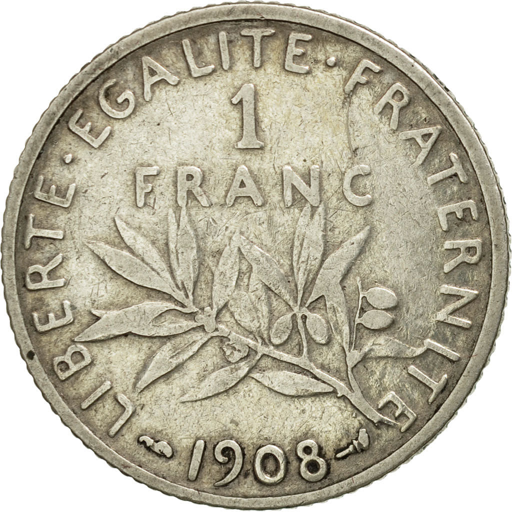 Coin, France, Semeuse, Franc, 1908, Paris, VF(30-35), Silver, KM:844.1