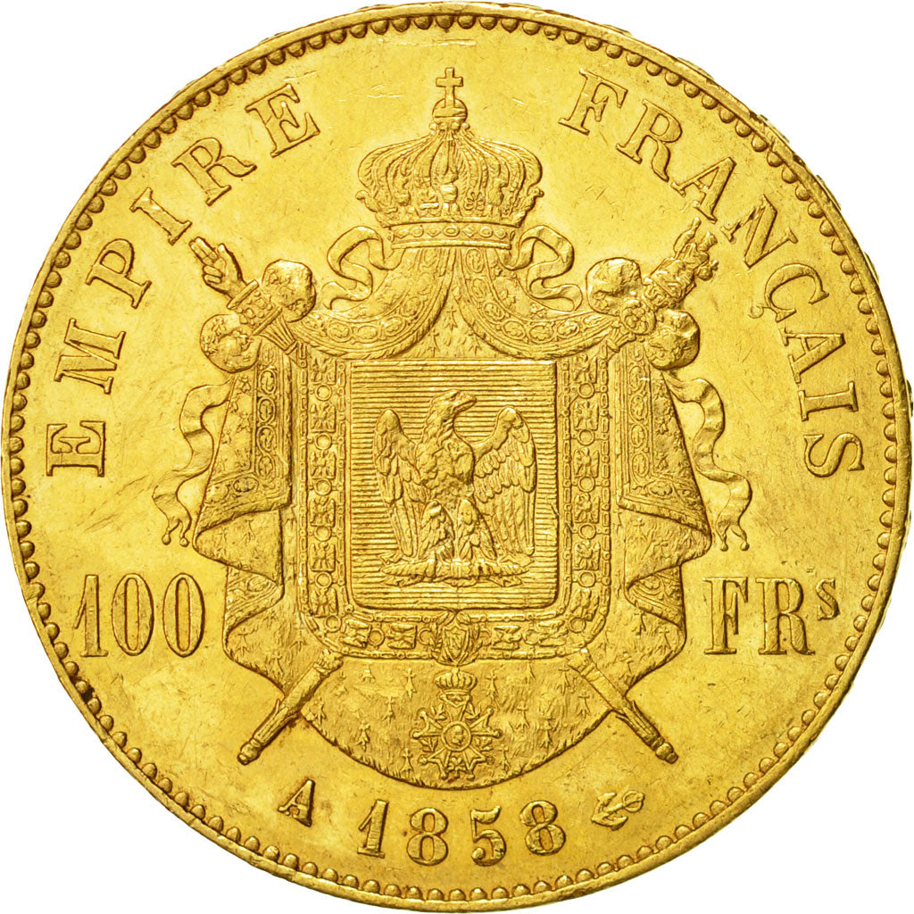 Coin, France, Napoleon III, 100 Francs, 1858, Paris,  AU(55-58), Gold, KM 786.1
