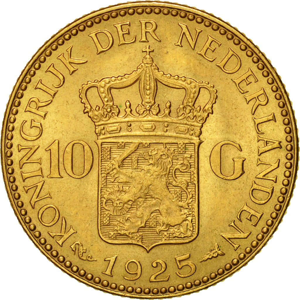 Coin, Netherlands, Wilhelmina I, 10 Gulden, 1925, AU(55-58), Gold, KM:162