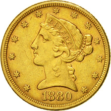 Moneta, Stati Uniti, Coronet Head, $5, 1880, Philadelphie, BB+, Oro, KM 101