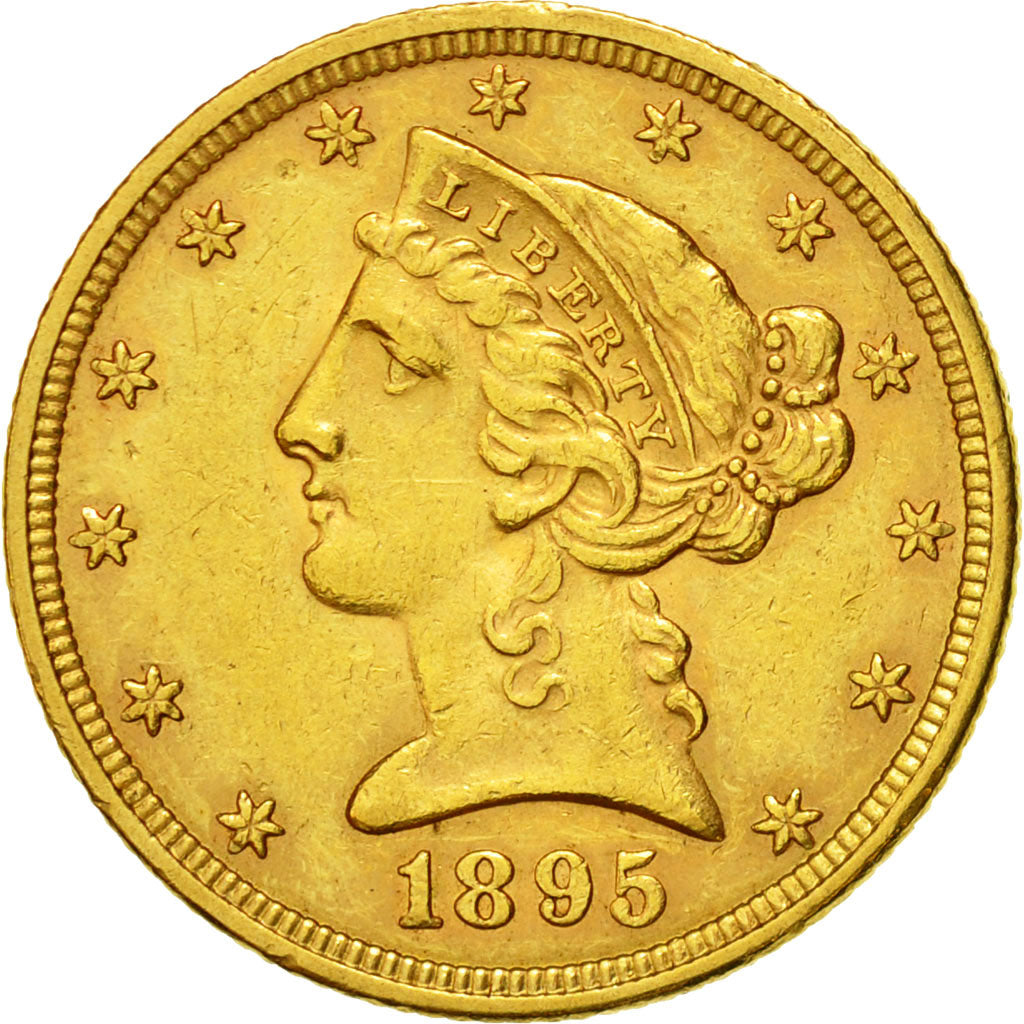 Moneda, Estados Unidos, Coronet Head, $5, 1895, Philadelphie, MBC+, Oro, KM 101