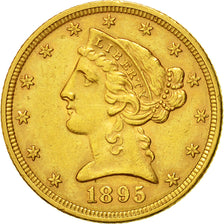 Moneda, Estados Unidos, Coronet Head, $5, 1895, Philadelphie, MBC+, Oro, KM 101