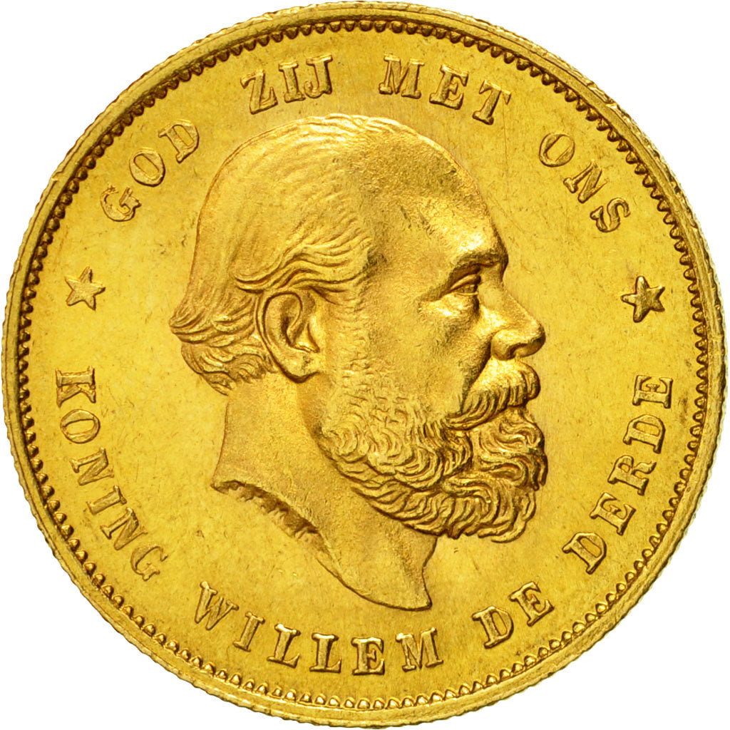Coin, Netherlands, William III, 10 Gulden, 1877, AU(55-58), Gold, KM:106
