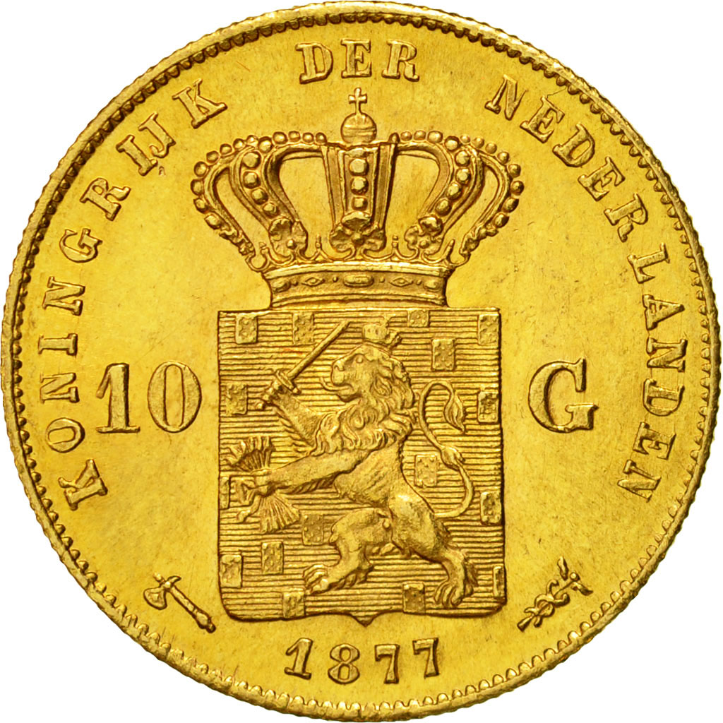 Coin, Netherlands, William III, 10 Gulden, 1877, AU(55-58), Gold, KM:106