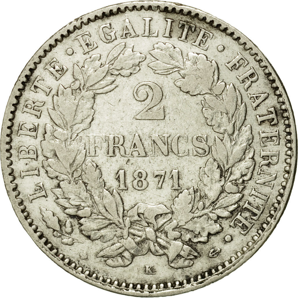 Moneta, Francia, Cérès, 2 Francs, 1871, Bordeaux, BB, Argento, KM:817.2