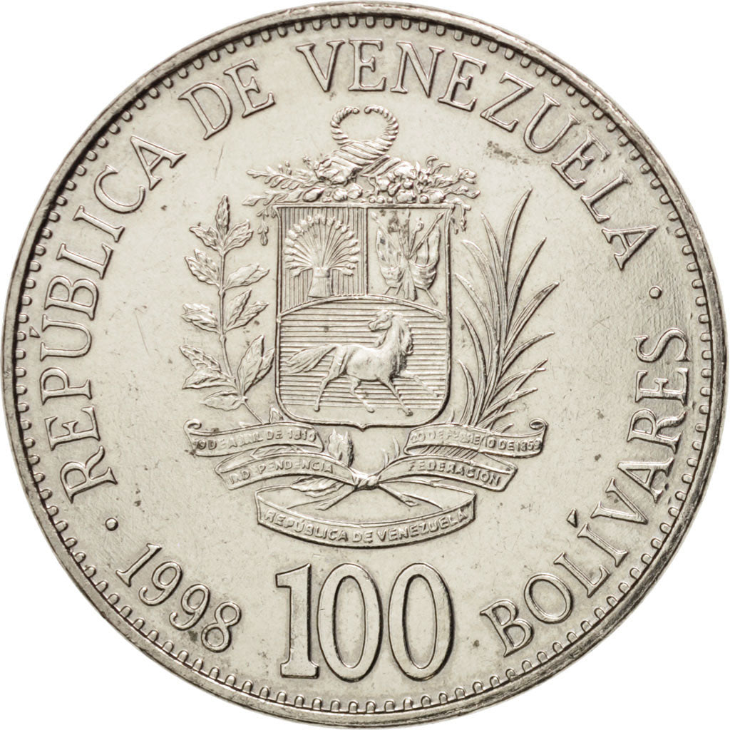 VENEZUELA, 100 Bolivares, 1998, KM #78.1, AU(55-58), Nickel Clad Steel, 25, 6.82