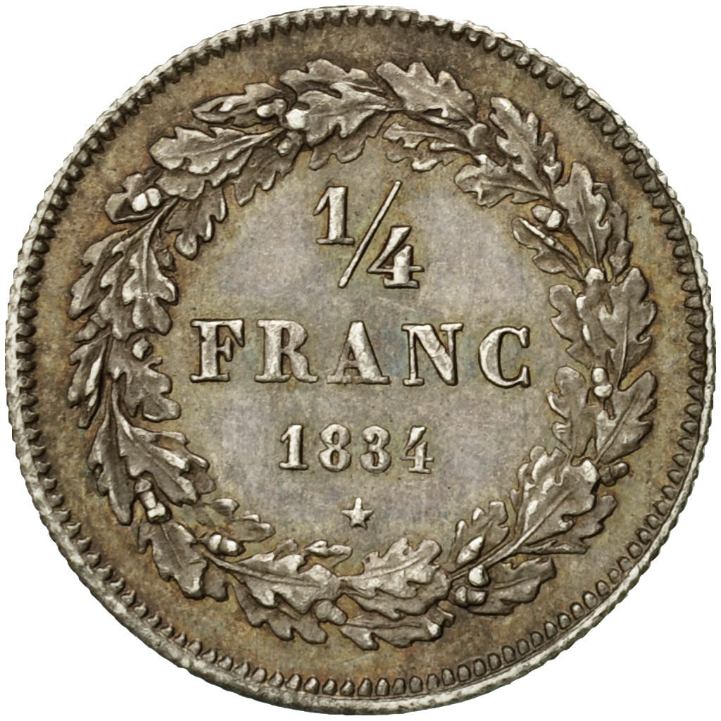Coin, Belgium, Leopold I, 1/4 Franc, 1834, AU(55-58), Silver, KM:8