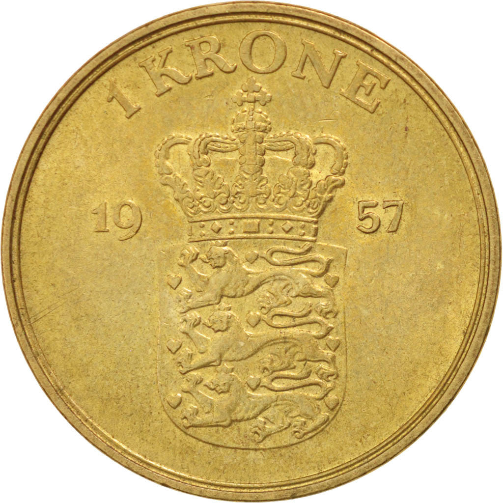 Coin, Denmark, Frederik IX, Krone, 1957, MS(60-62), Aluminum-Bronze, KM:837.2