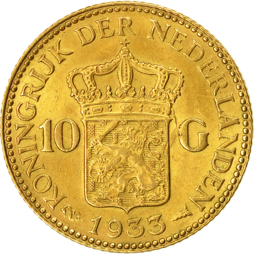 Coin, Netherlands, Wilhelmina I, 10 Gulden, 1933, AU(55-58), Gold, KM:162