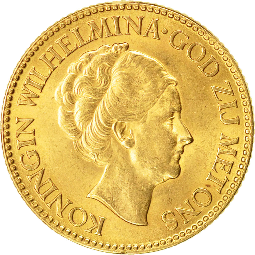 Coin, Netherlands, Wilhelmina I, 10 Gulden, 1927, AU(55-58), Gold, KM:162