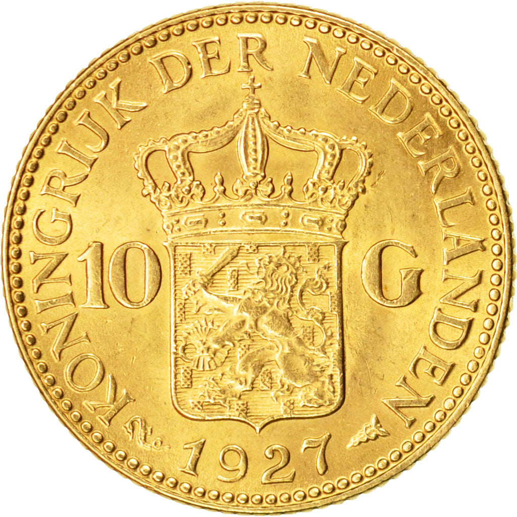 Coin, Netherlands, Wilhelmina I, 10 Gulden, 1927, AU(55-58), Gold, KM:162
