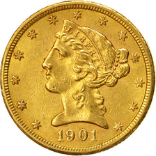 Coin, United States, Coronet Head, $5,1901,San Francisco,AU(50-53), Gold, KM 101