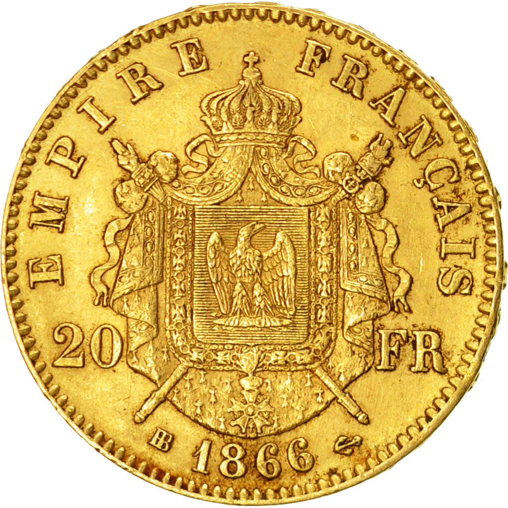 Münze, Frankreich, Napoleon III, 20 Francs, 1866, Strasbourg, SS+, Gold,KM 801.2