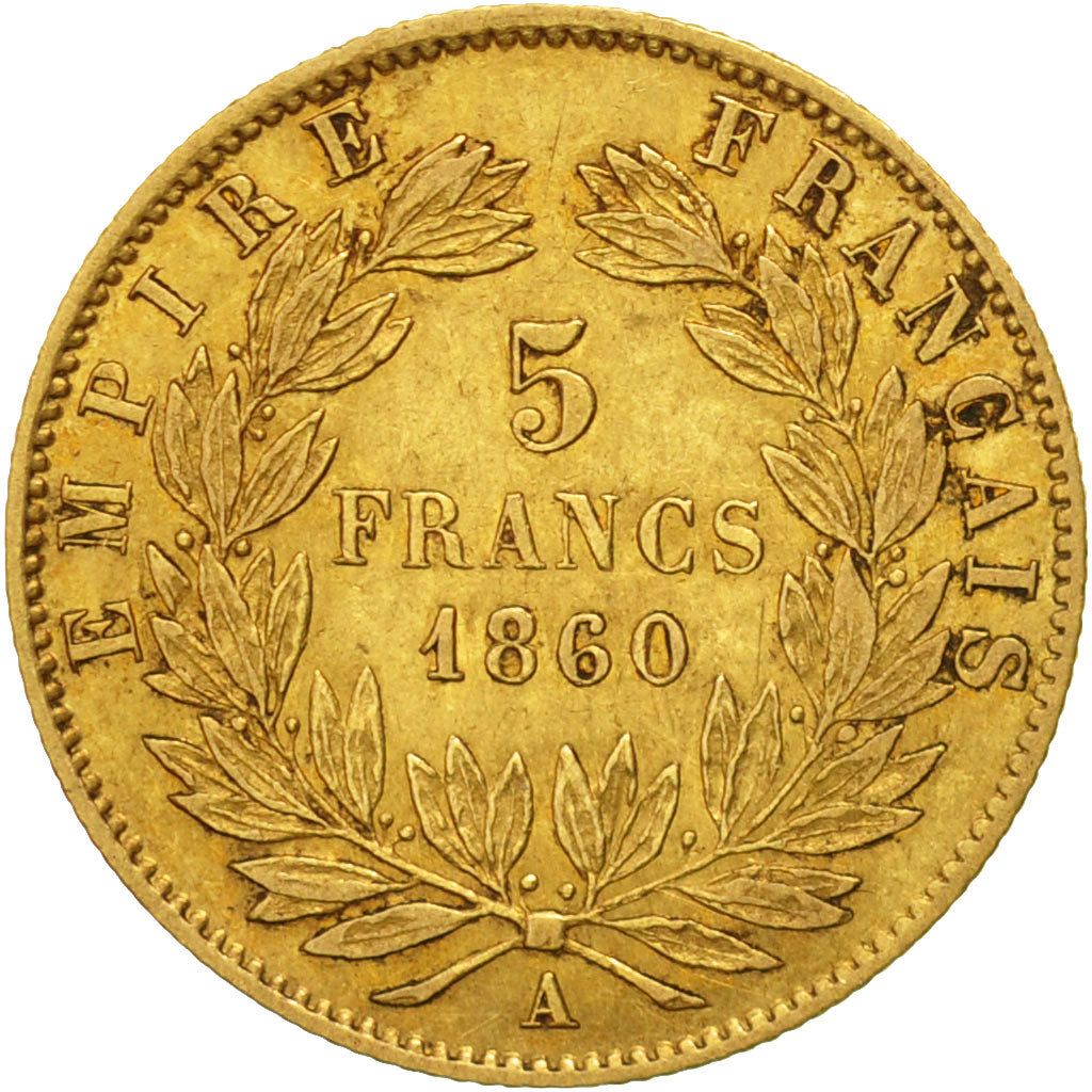 Coin, France, Napoleon III, 5 Francs, 1860, Paris, Gold, VF(30-35), KM 787.1