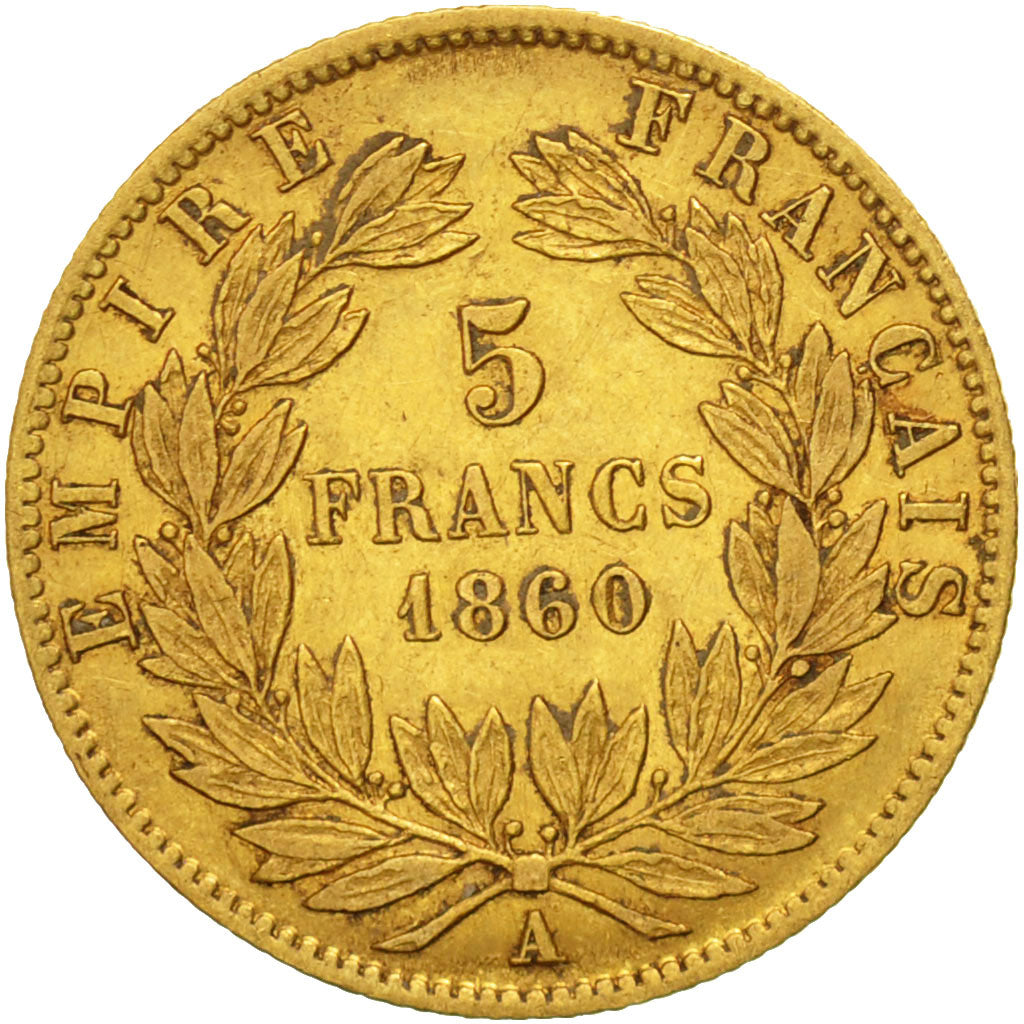 Coin, France, Napoleon III, 5 Francs,1860, Paris, Gold, EF(40-45) , KM 787.1