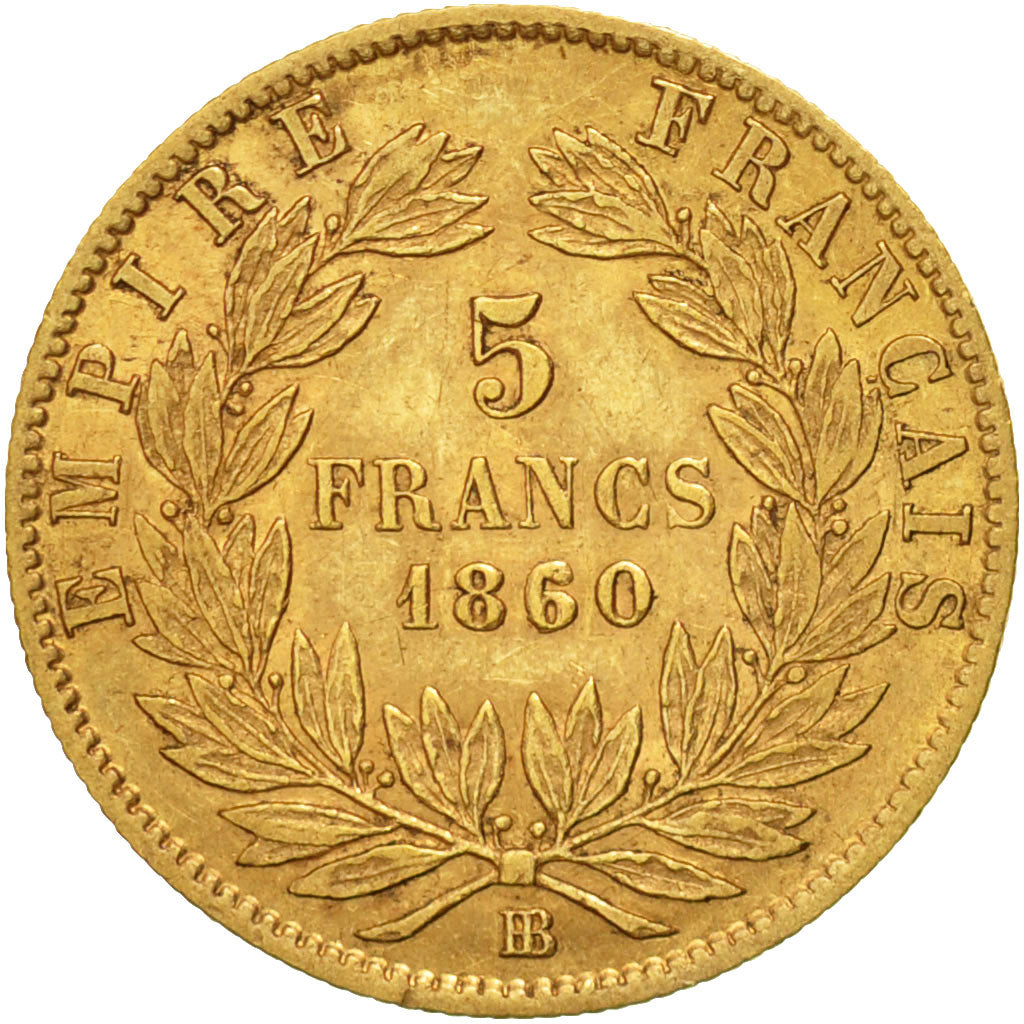 Munten, Frankrijk, Napoleon III, 5 Francs, 1860, Strasbourg, FR+, Oro, KM 787.2