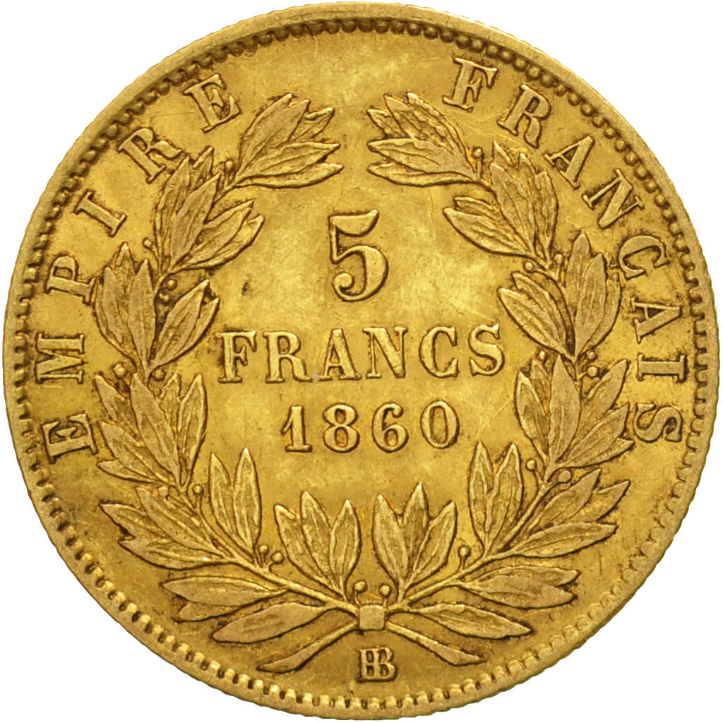 Munten, Frankrijk, Napoleon III, 5 Francs, 1860, Strasbourg, FR+, Oro, KM 787.2