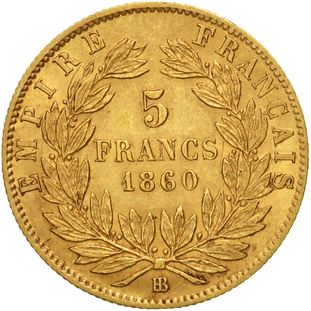 Munten, Frankrijk, Napoleon III, 5 Francs, 1860, Strasbourg, ZF, Goud, KM 787.2