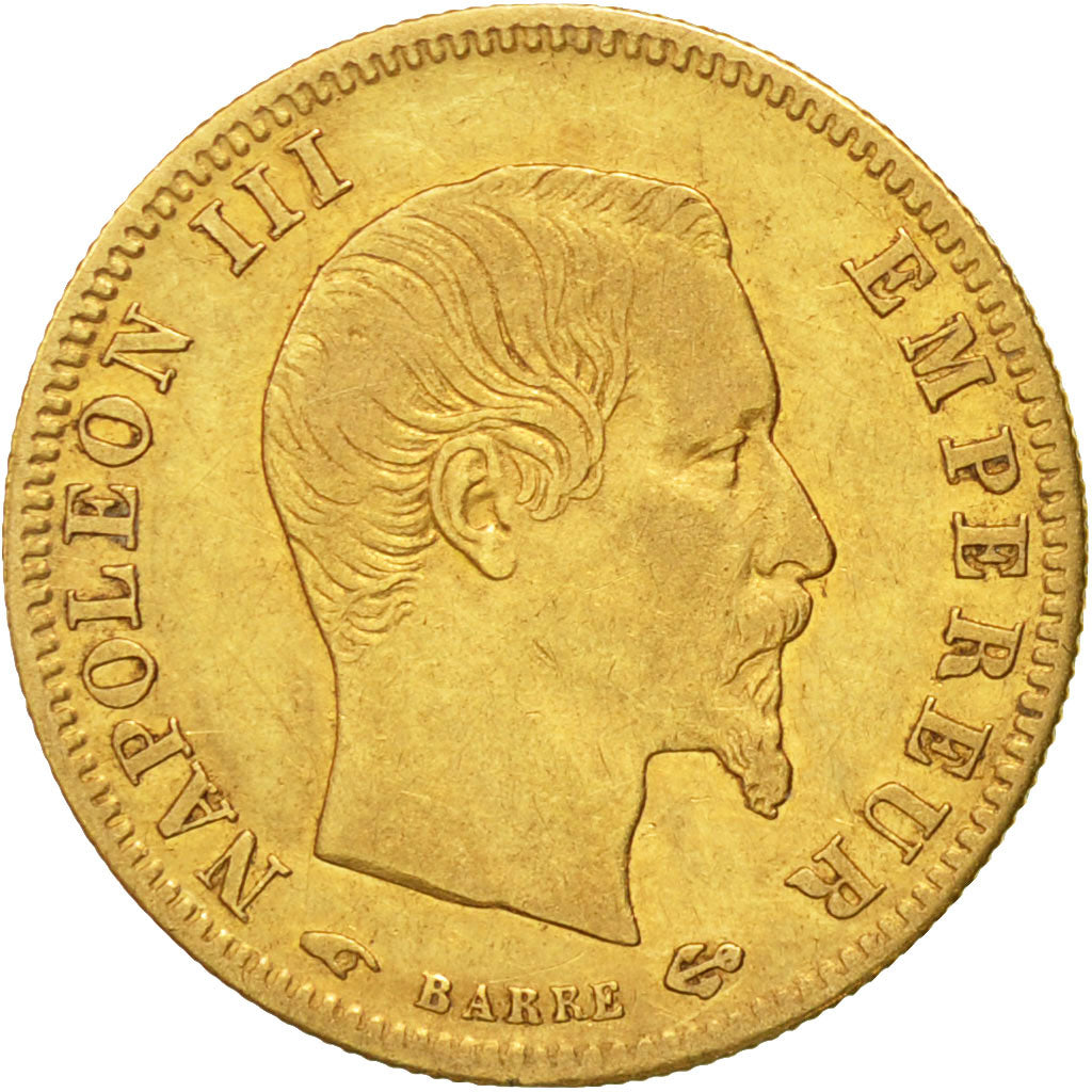 Moneda, Francia, Napoleon III, 5 Francs, 1857, Paris, BC+, Oro, KM 787.1