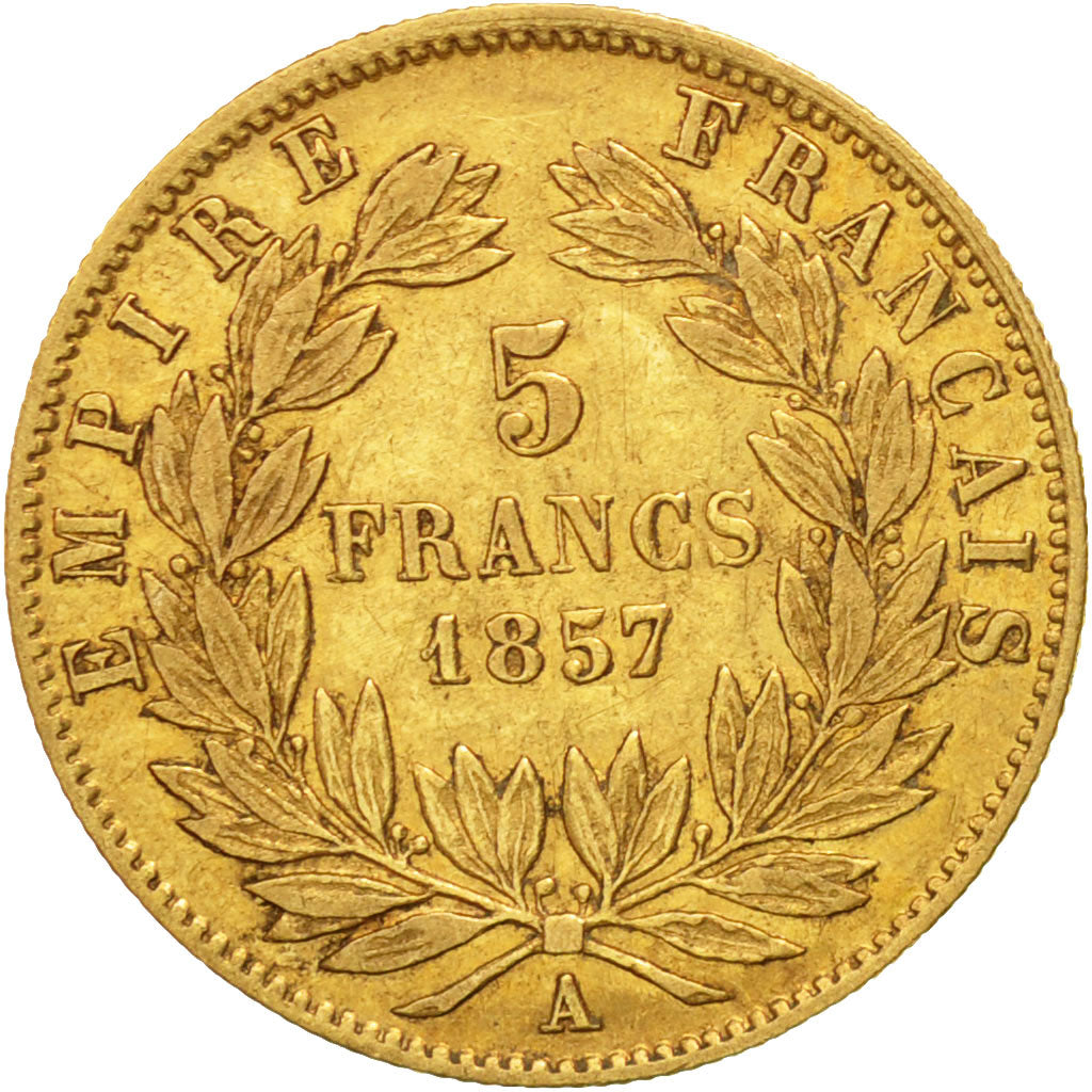 Moneda, Francia, Napoleon III, 5 Francs, 1857, Paris, BC+, Oro, KM 787.1