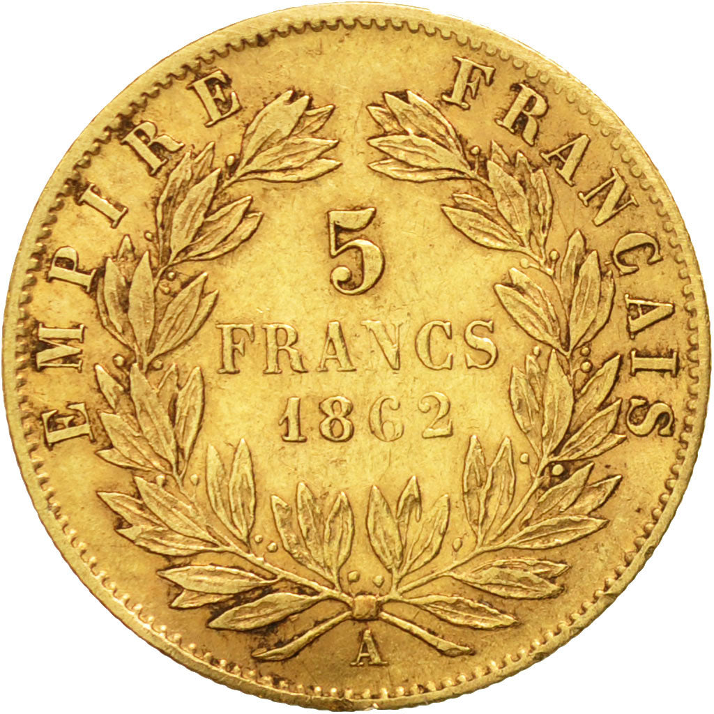 Moneda, Francia, Napoleon III, 5 Francs, 1862, Paris, BC+, Oro, KM 803.1