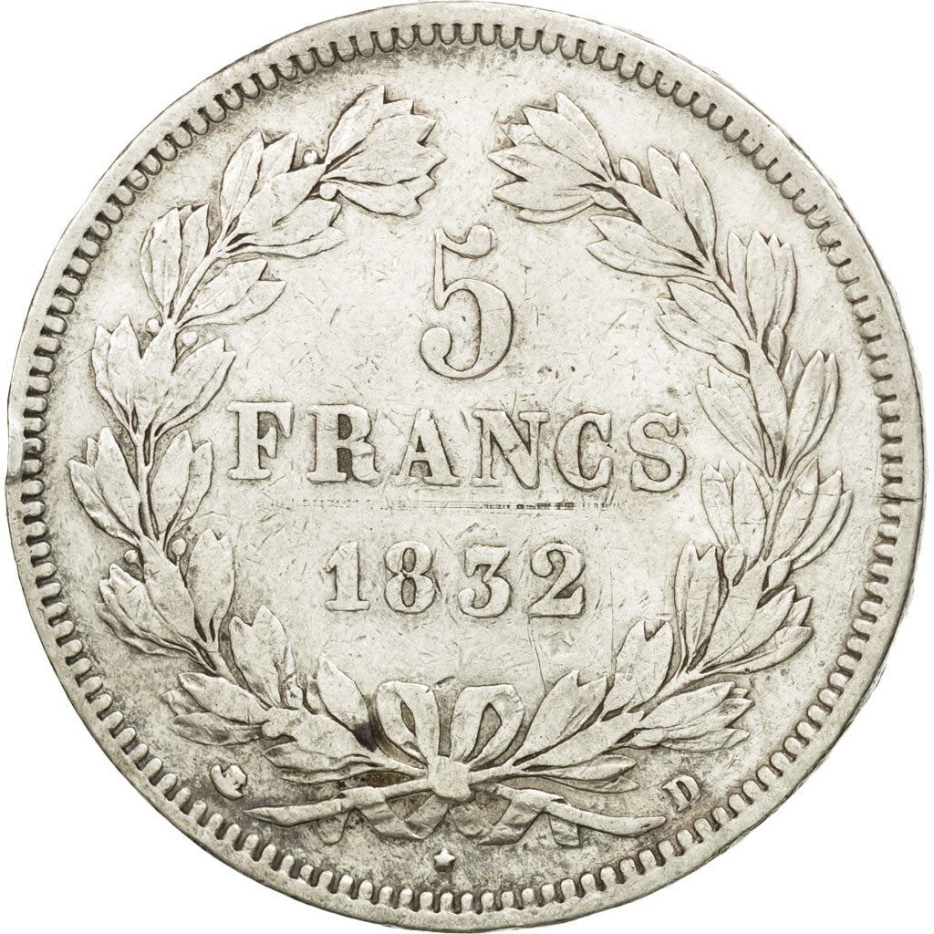 Coin, France, Louis-Philippe, 5 Francs, 1832, Lyons, VF(30-35), Silver,KM 749.4