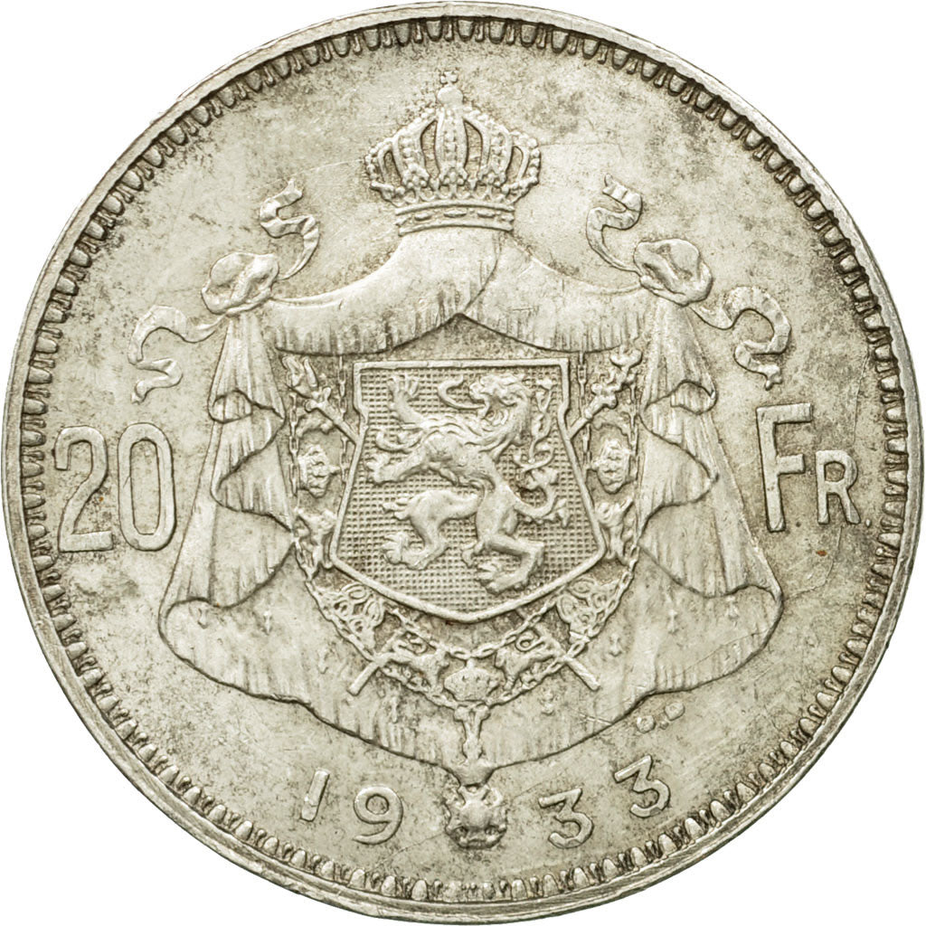 Coin, Belgium, 20 Francs, 20 Frank, 1933, AU(55-58), Silver, KM:103.1