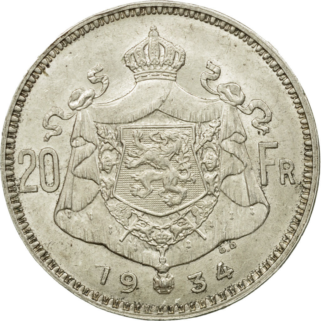 Coin, Belgium, 20 Francs, 20 Frank, 1934, AU(55-58), Silver, KM:104.1