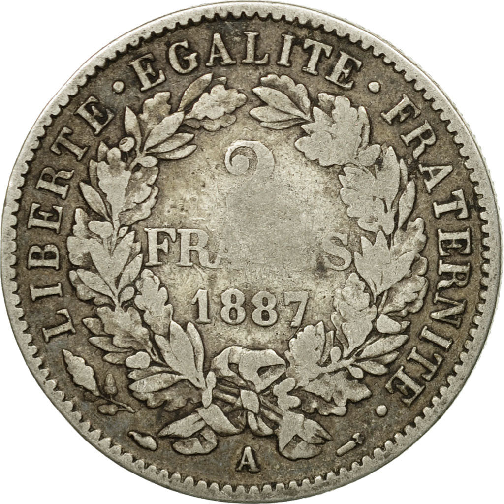 Coin, France, Cérès, 2 Francs, 1887, Paris, VF(30-35), Silver, KM:817.1