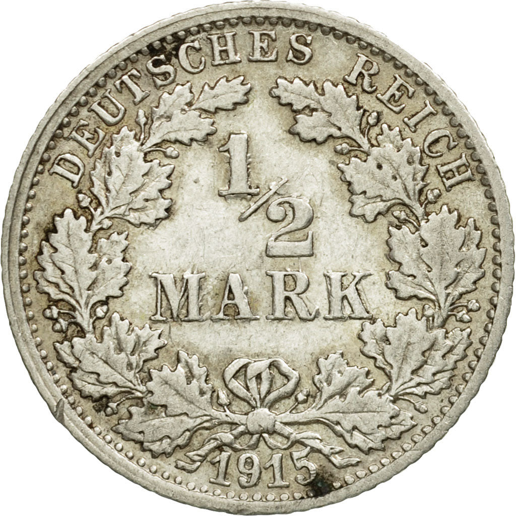 Coin, GERMANY - EMPIRE, 1/2 Mark, 1915, Stuttgart, EF(40-45), Silver, KM:17
