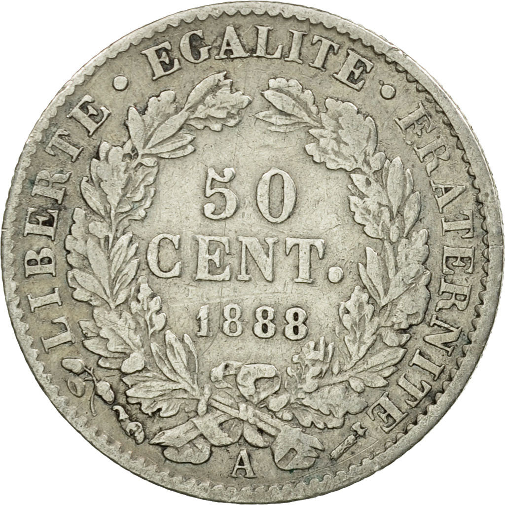 Monnaie, France, Cérès, 50 Centimes, 1888,Paris,TB+,Argent,Gadoury:419a,KM 834.1