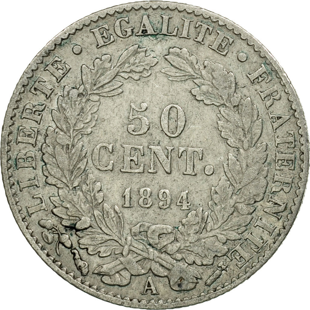 Moneta, Francia, Cérès, 50 Centimes, 1894, Paris, MB+, Argento, KM:834.1