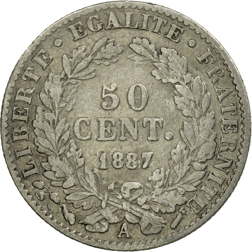 Coin, France, Cérès, 50 Centimes, 1887, Paris, VF(30-35), Silver, KM:834.1
