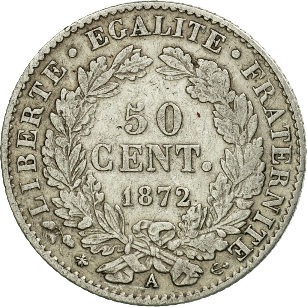 Moneta, Francia, Cérès, 50 Centimes, 1872, Paris, BB, Argento, KM:834.1