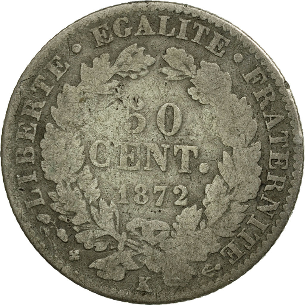 Coin, France, Cérès, 50 Centimes, 1872, Bordeaux, VF(20-25), Silver, KM:834.2