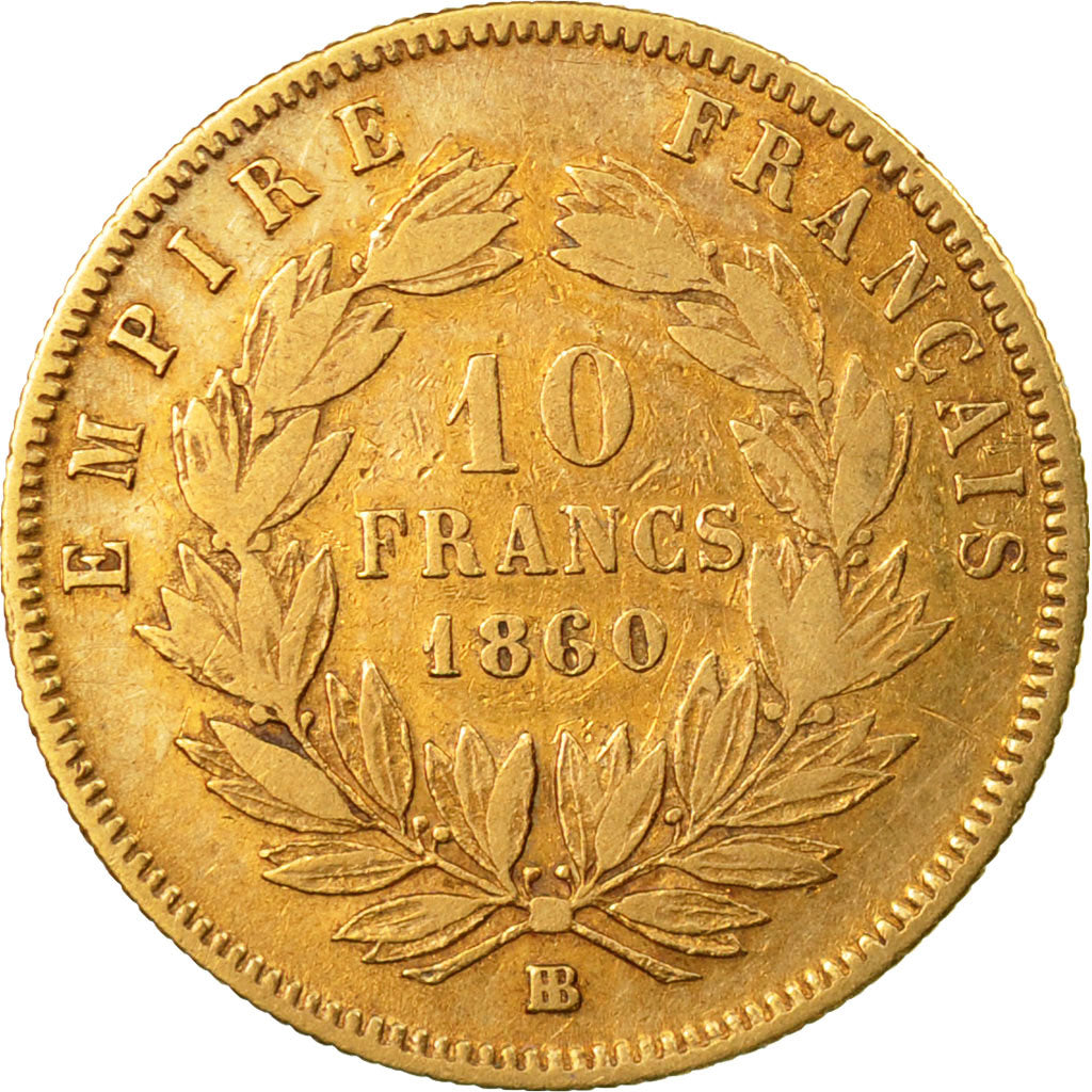 Coin, France, Napoleon III,10 Francs, 1860, Strasbourg, Gold, VF(30-35),KM 784.4