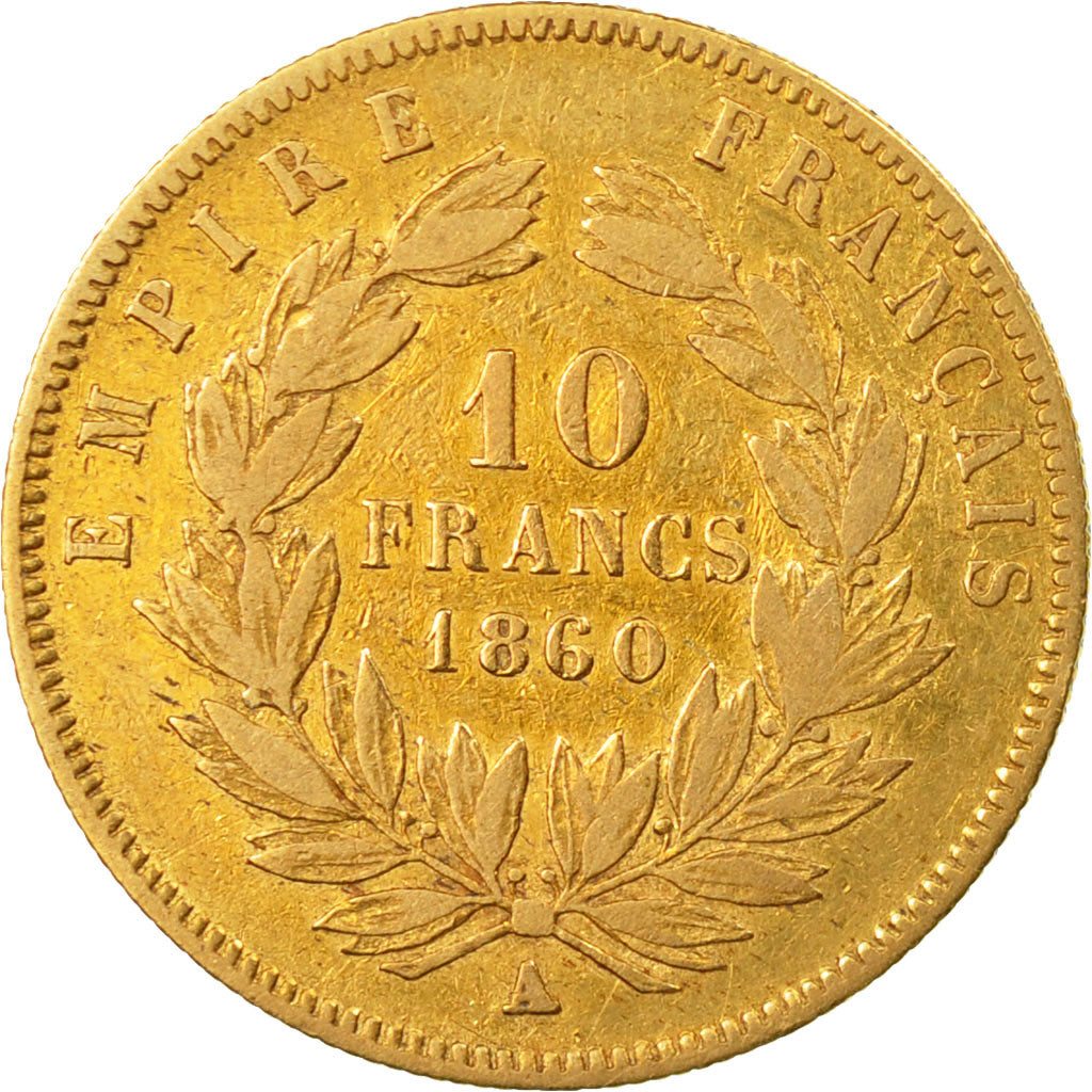 Coin, France, Napoleon III, 10 Francs, 1860, Paris, Gold, VF(30-35),KM 784.3