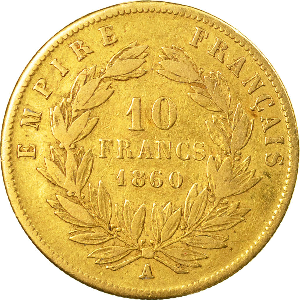 Coin, France, Napoleon III, 10 Francs, 1860, Paris, Gold, VF(30-35),KM 784.3
