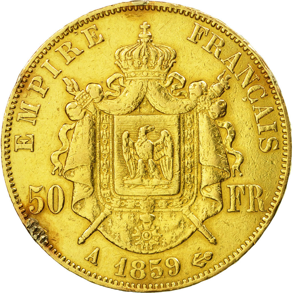 Moneda, Francia, Napoleon III, N50 Francs, 1859, Paris, MBC, Oro, KM 785.1