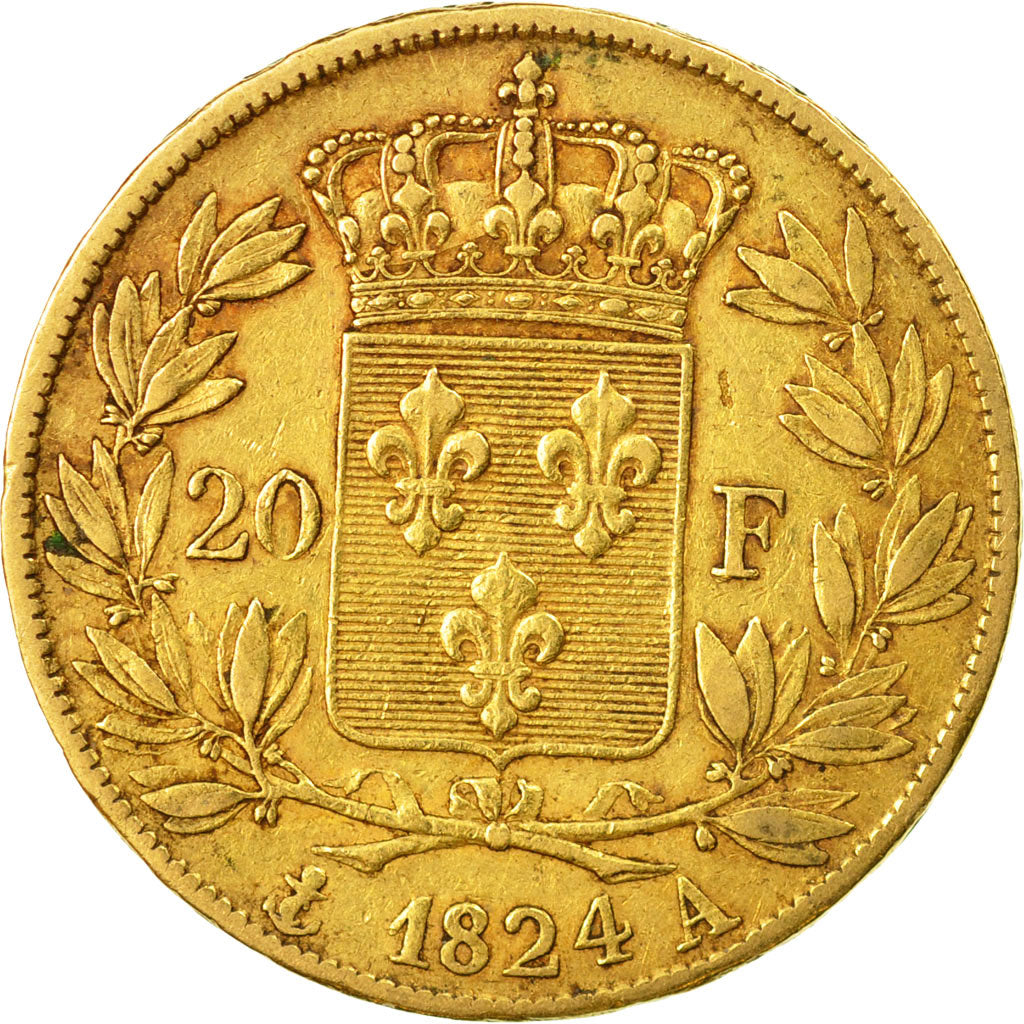 Coin, France, Louis XVIII, 20 Francs, 1824, Paris, EF(40-45), Gold, KM 712.1