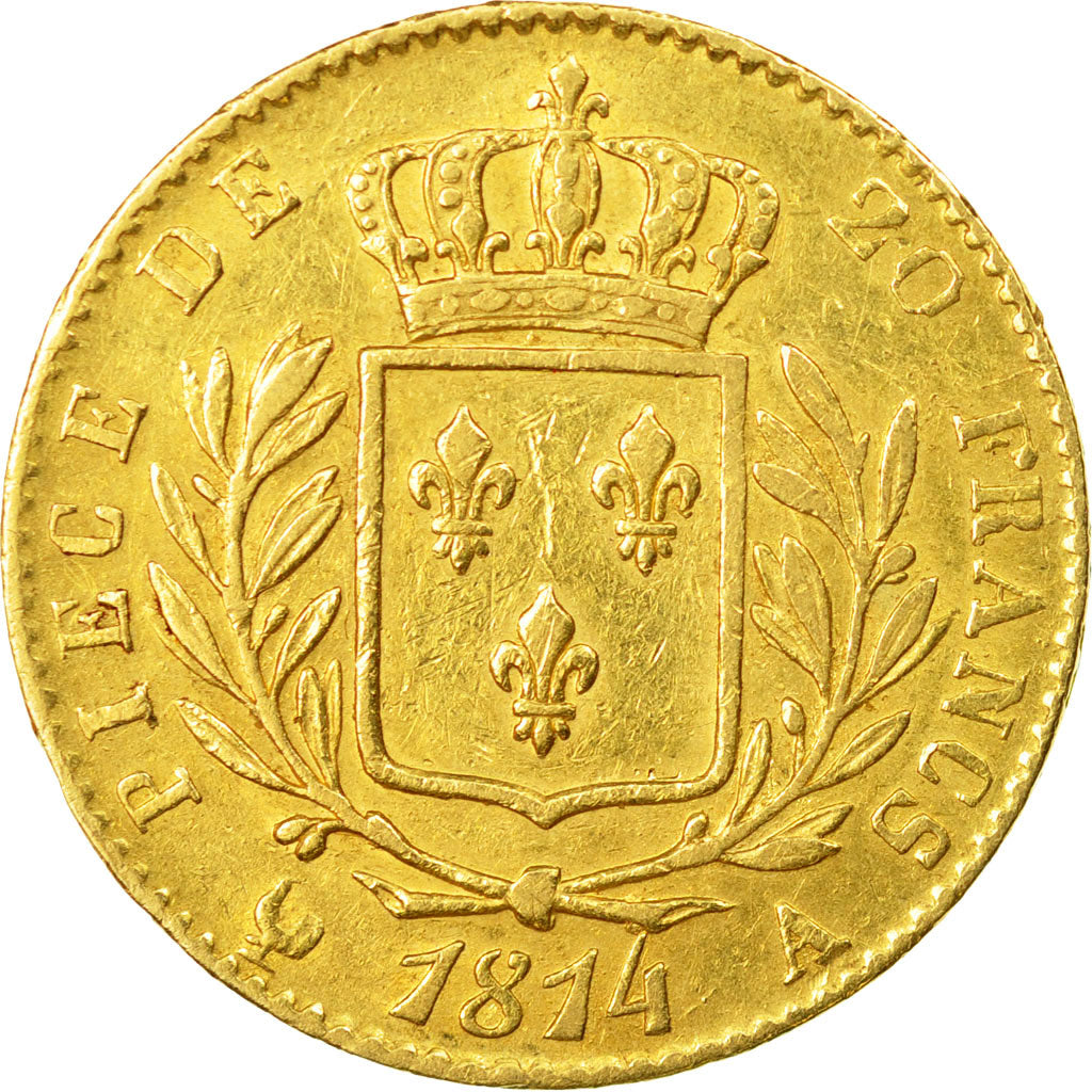 Moneta, Francia, Louis XVIII, 20 Francs, 1814, Paris, BB, Oro, KM 706.1