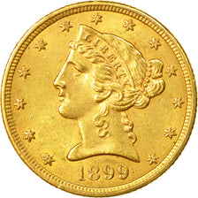Moneda, Estados Unidos, Coronet Head, $5,1899, Philadelphia, MBC+, KM 101