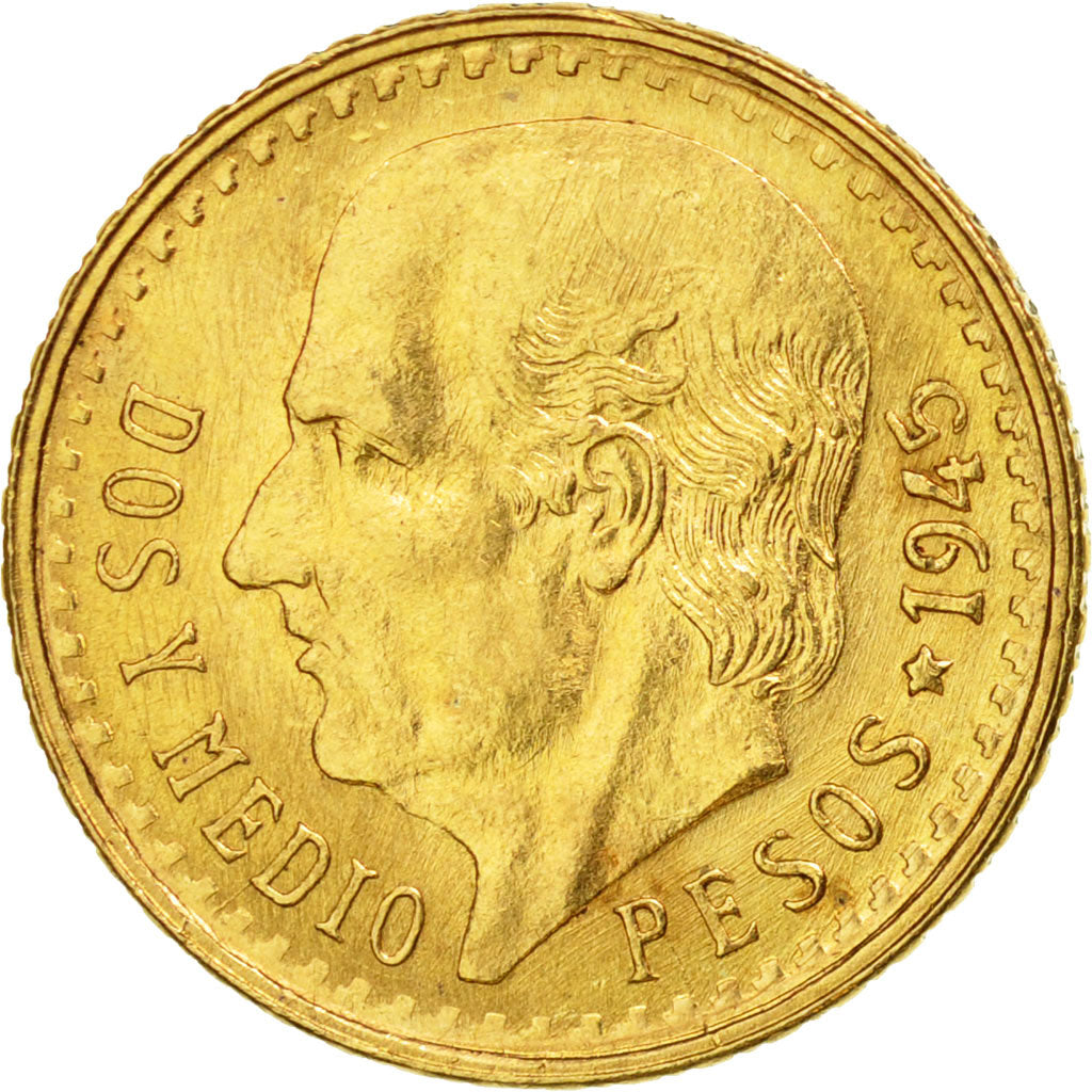 Coin, Mexico, 2-1/2 Pesos, 1945, Mexico City, AU(55-58), Gold, KM:463