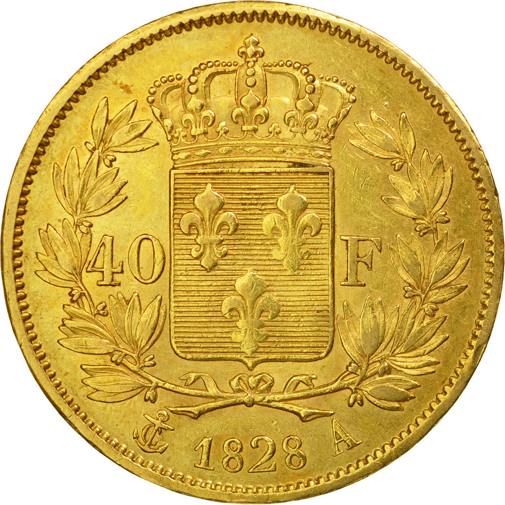 Moneta, Francia, Charles X, 40 Francs, 1828, Paris, BB, Oro, KM:721.1