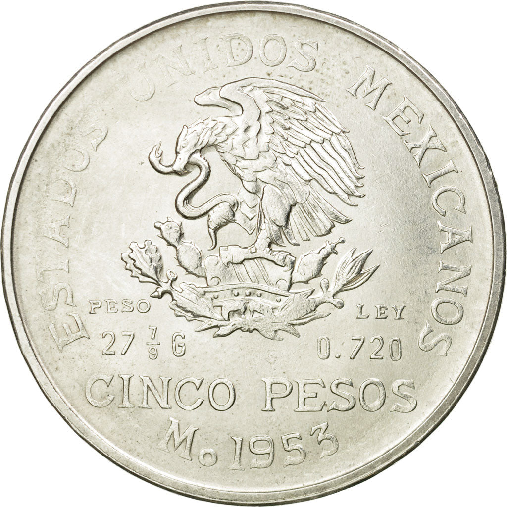 Coin, Mexico, 5 Pesos, 1953, Mexico City, MS(60-62), Silver, KM:467