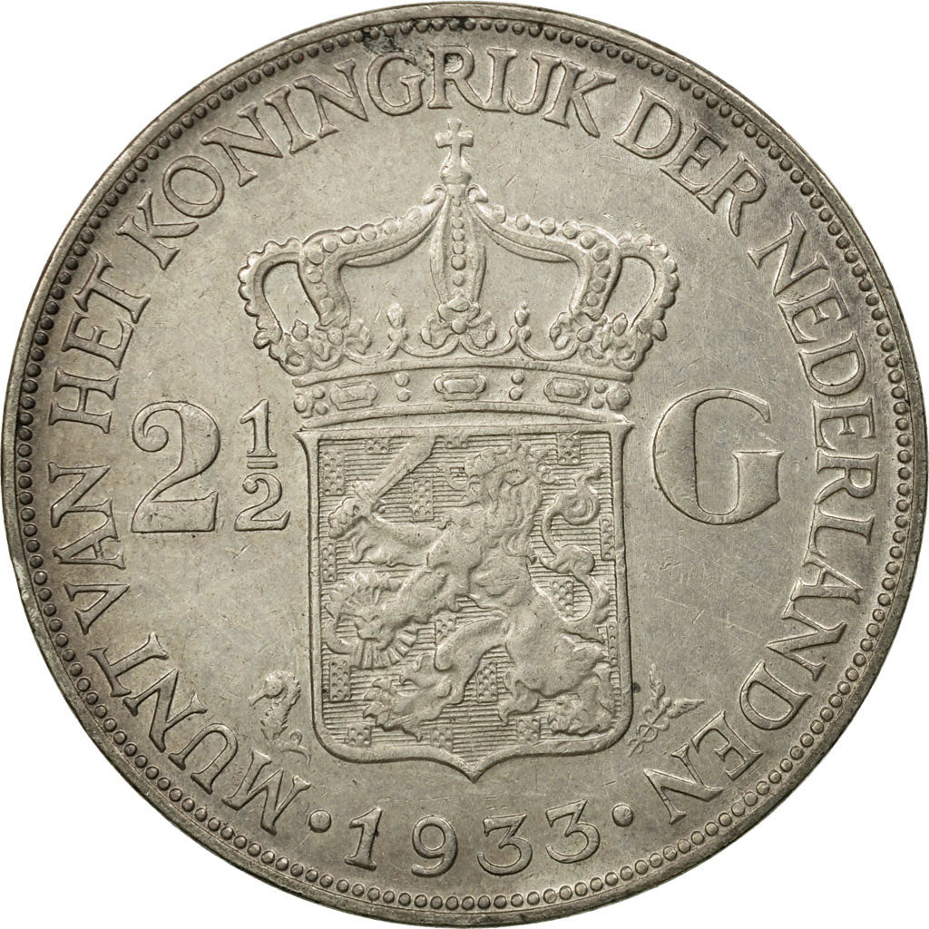 Coin, Netherlands, Wilhelmina I, 2-1/2 Gulden, 1933, AU(50-53), Silver, KM:165