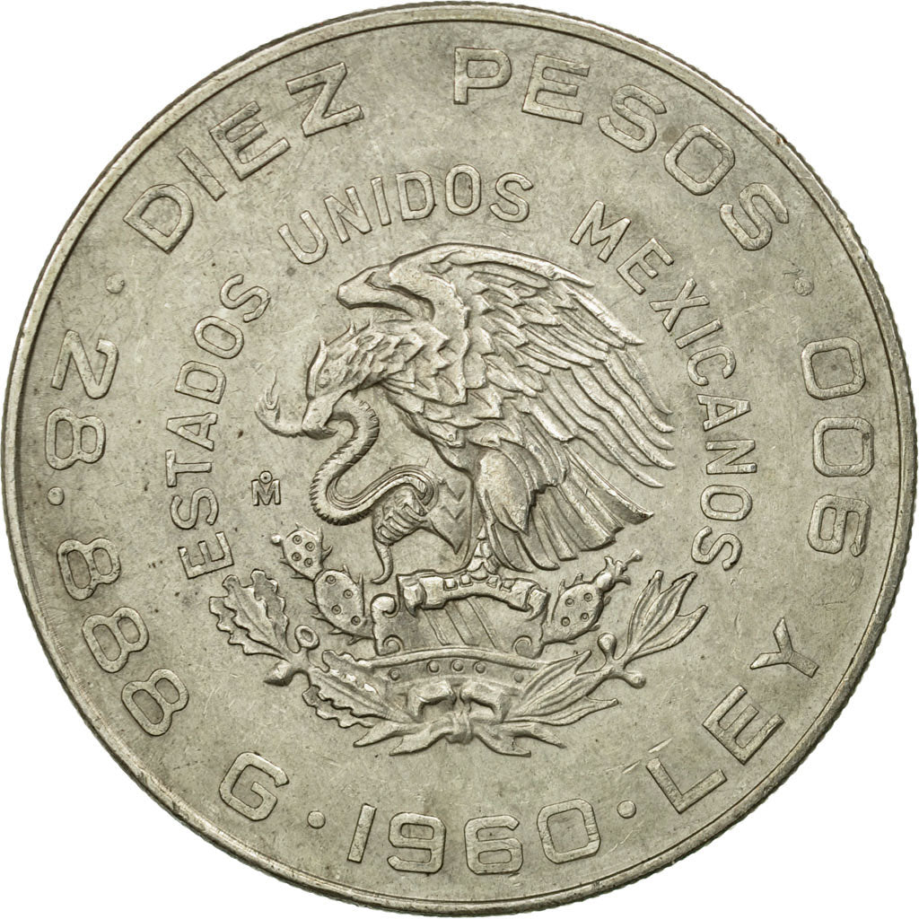 Moneda, México, 10 Pesos, 1960, Mexico City, MBC+, Plata, KM:476